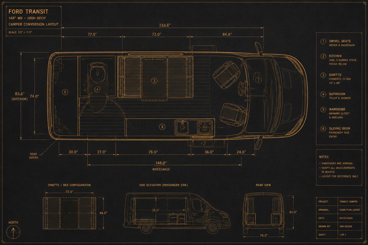 Technical floor plan drawing of a Ford Transit camper conversion layout
